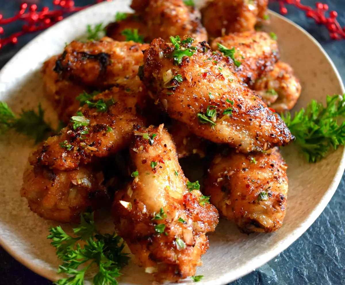Delicious Cajun Garlic Chicken Wings served on a plate, garnished with herbs for a spicy appetizer.