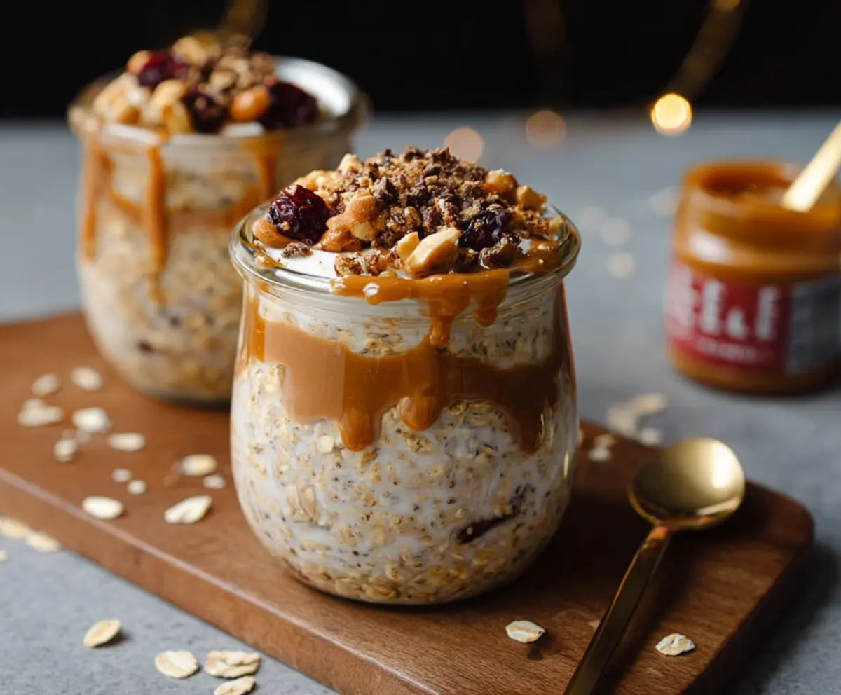 Creamy caramel macchiato overnight oats topped with whipped cream and caramel drizzle.