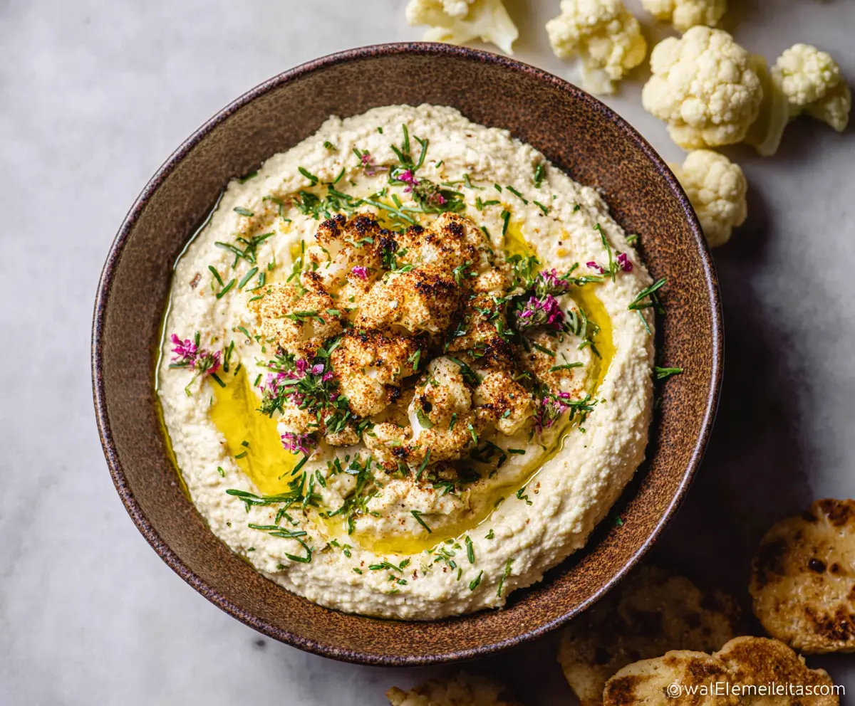 Creamy cauliflower hummus served with fresh vegetable sticks, healthy vegan snack