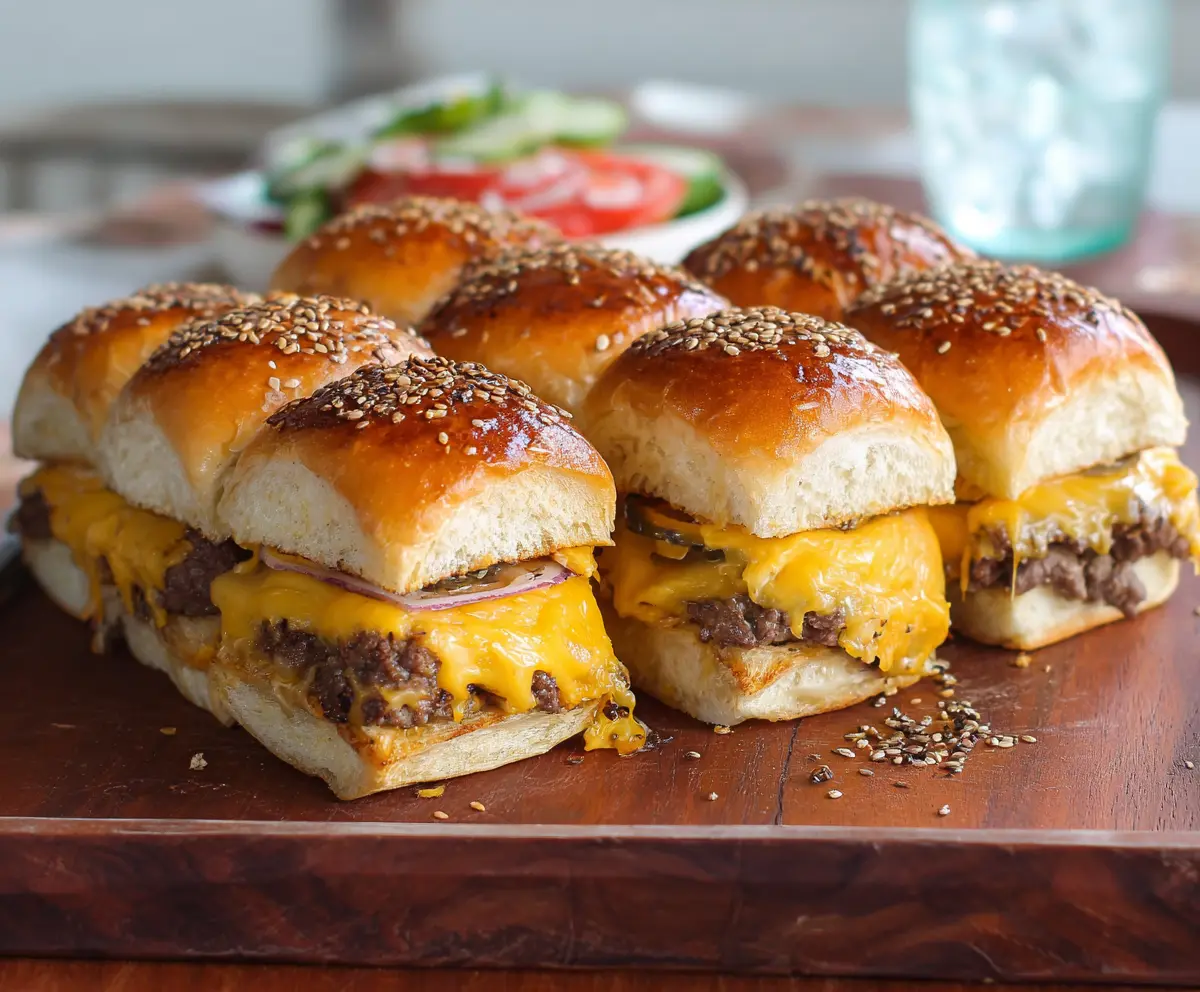 Delicious cheeseburger sliders with melted cheese, fresh toppings, and mini burger buns.