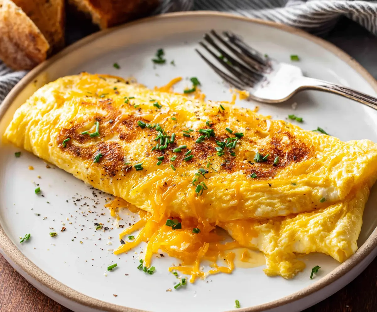 Delicious cheesy omelet with melted cheese and fluffy eggs, perfect for breakfast.