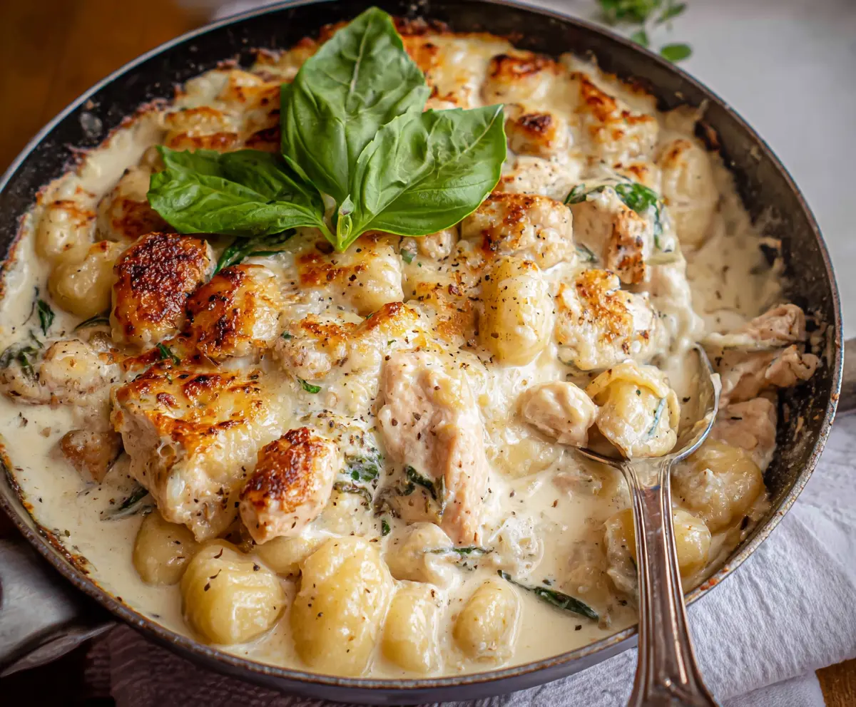 Creamy Chicken Gnocchi Alfredo with Parmesan and herbs on a plate.