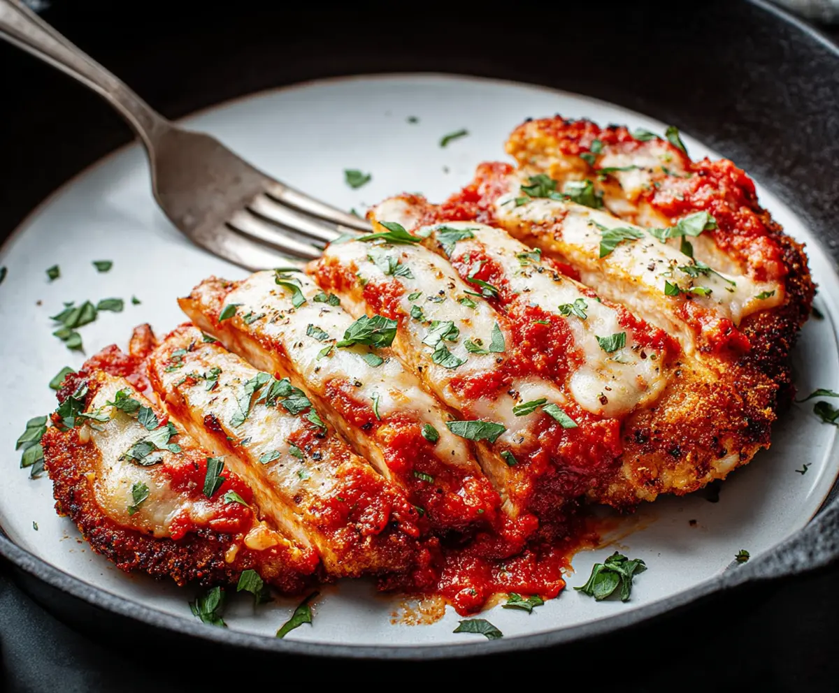 Delicious Chicken Parmesan with golden breaded chicken, marinara sauce, and melted cheese on top.