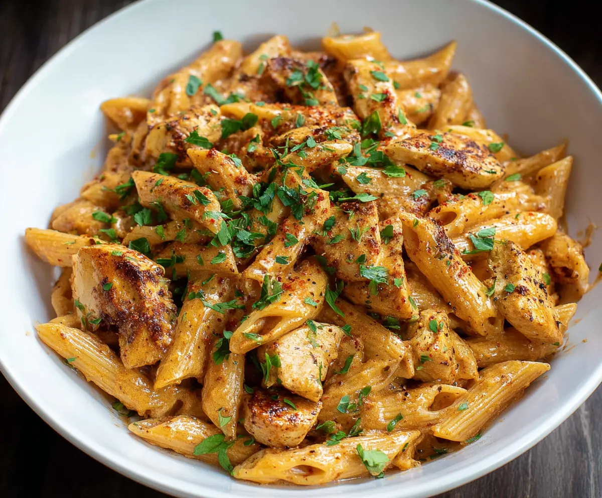 Delicious Chicken Spicy Cajun Pasta with vibrant spices and creamy sauce.