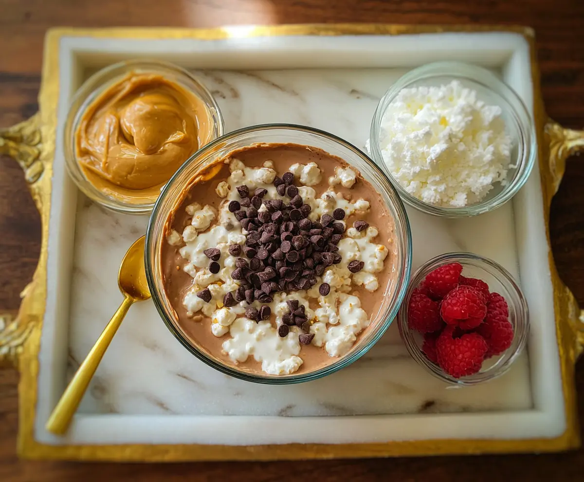 Creamy chocolate peanut butter cottage cheese dish topped with chopped nuts and cocoa powder.