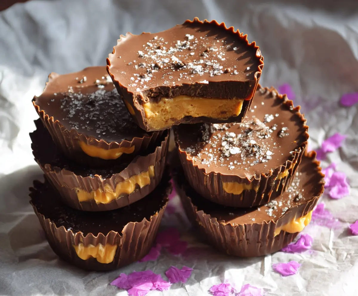 Delicious homemade chocolate peanut butter cups with creamy filling and glossy chocolate coating.