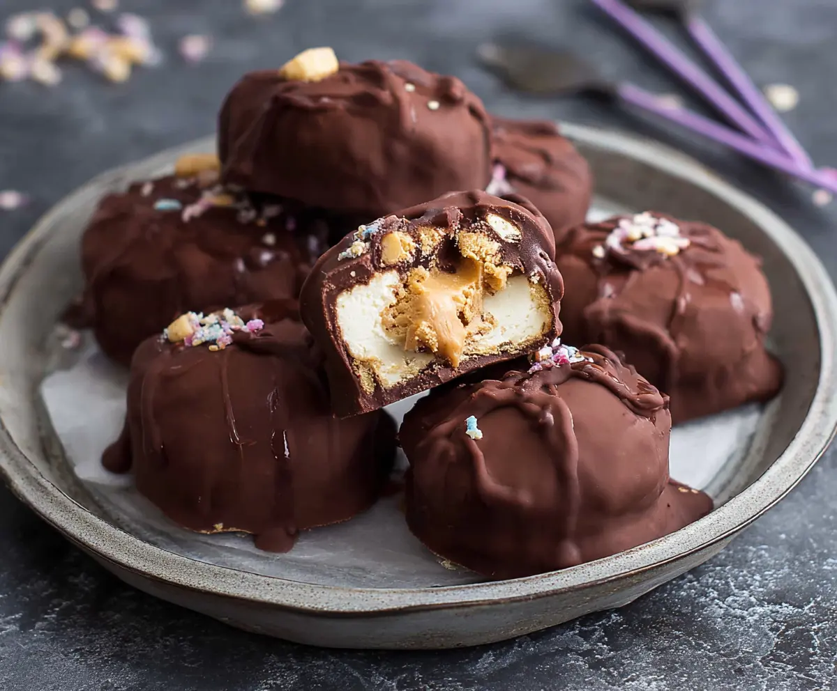 Delicious homemade chocolate peanut butter frozen yogurt bites on a white plate.