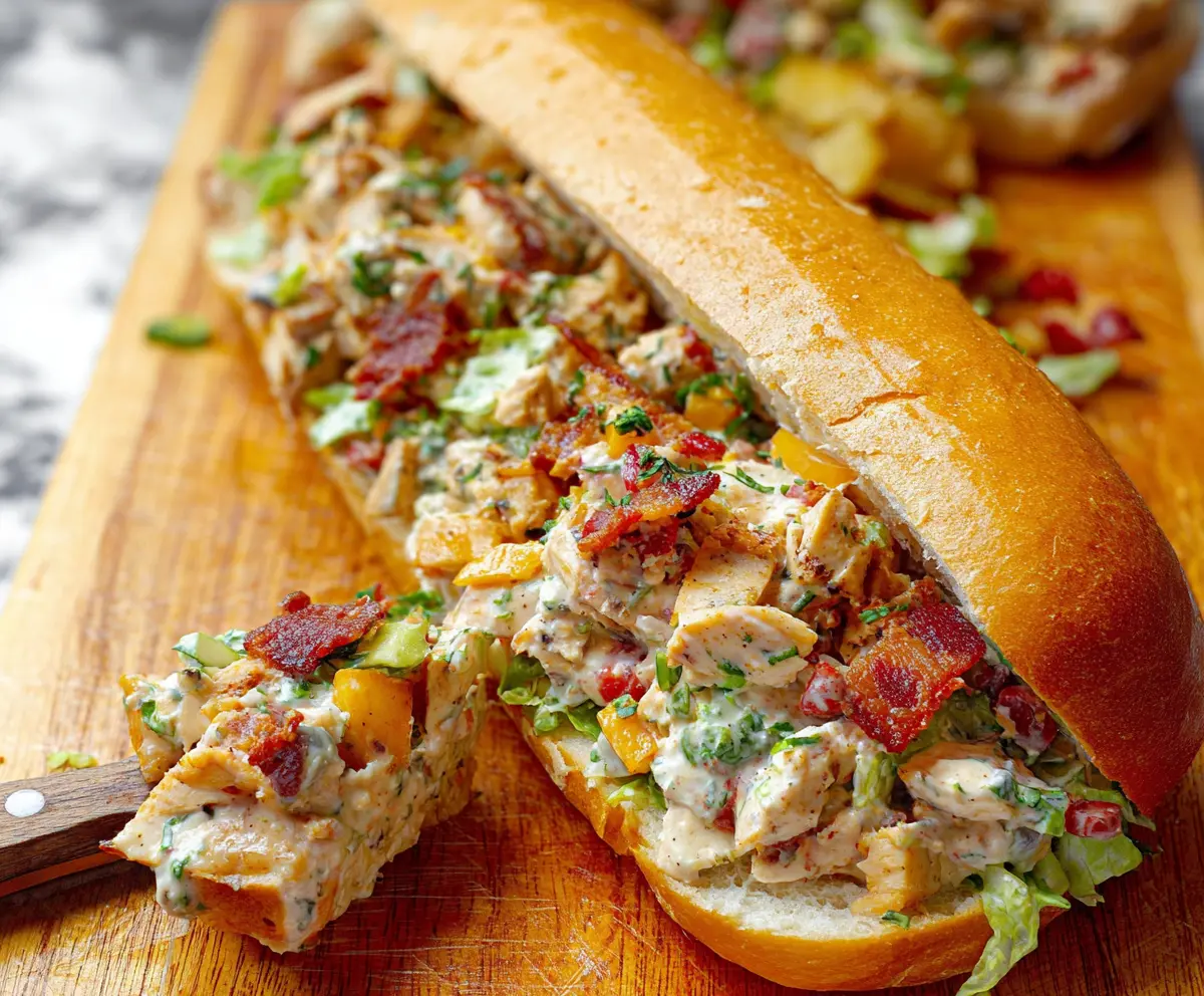 Delicious chopped chicken bacon ranch sandwich on a plate with fresh ingredients.