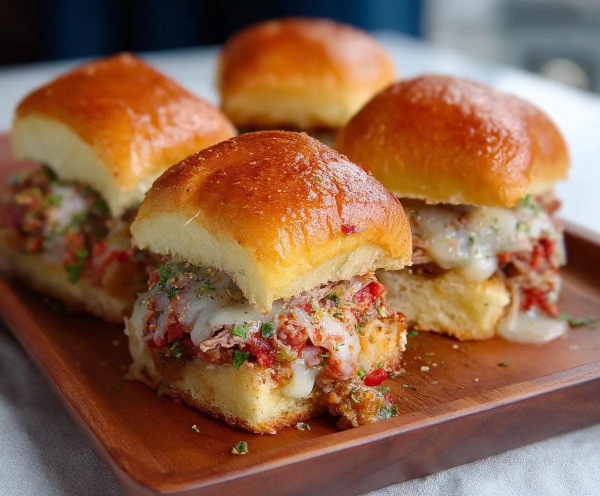 Delicious chopped Italian sliders with melted cheese and fresh herbs on a platter.