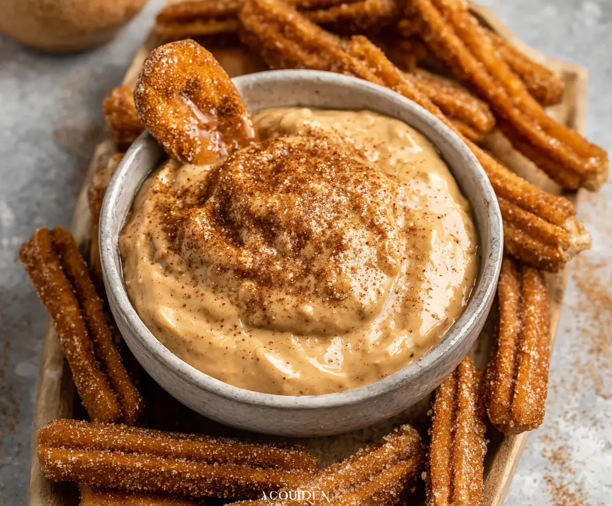 Delicious churro dip served with crunchy churros for a sweet treat.