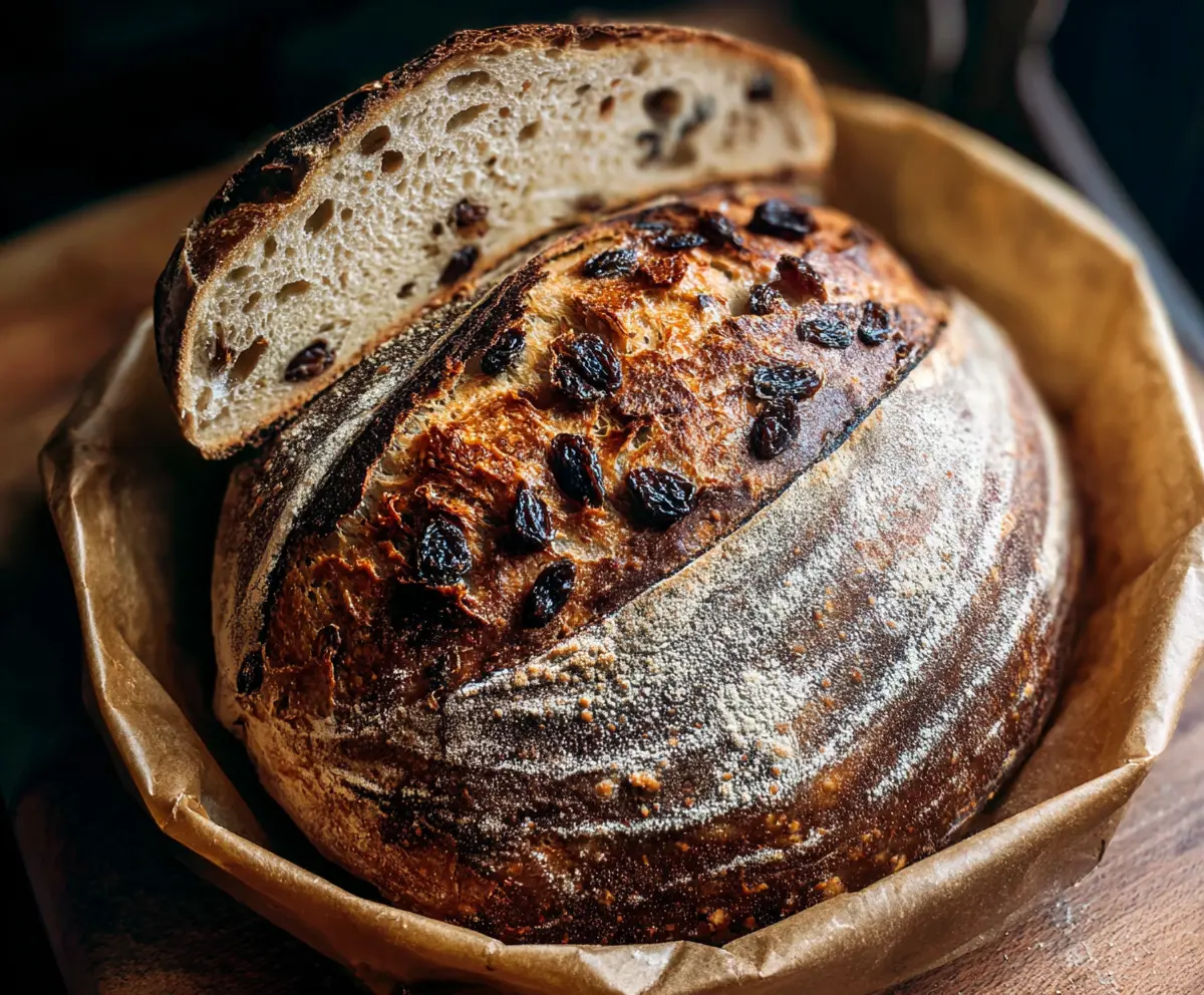 Delicious homemade cinnamon raisin sourdough bread fresh from the oven, showcasing a golden crust and sweet raisins inside.