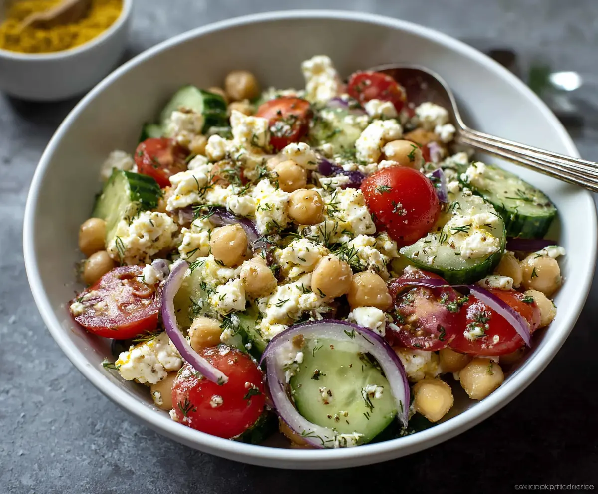 Refreshing cottage cheese and chickpea salad with fresh herbs and vegetables