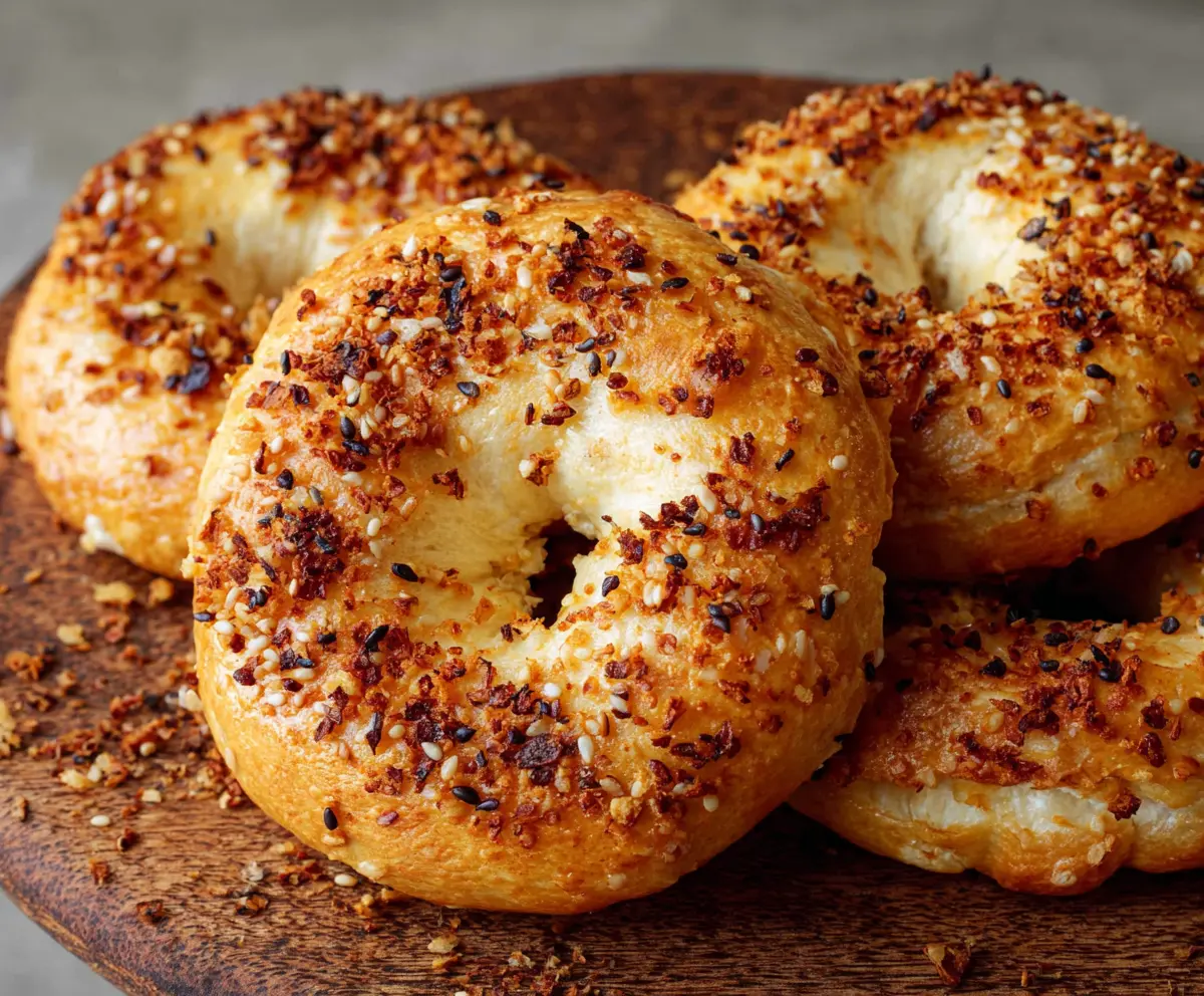 Delicious homemade cottage cheese bagels on a wooden cutting board with fresh ingredients