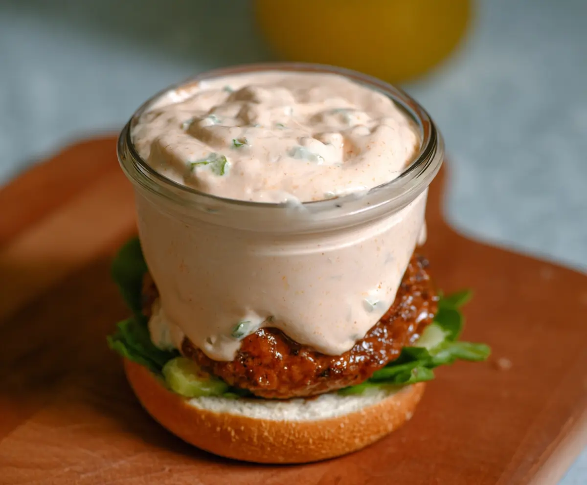 Creamy cottage cheese burger sauce served on a juicy hamburger patty with fresh vegetables.