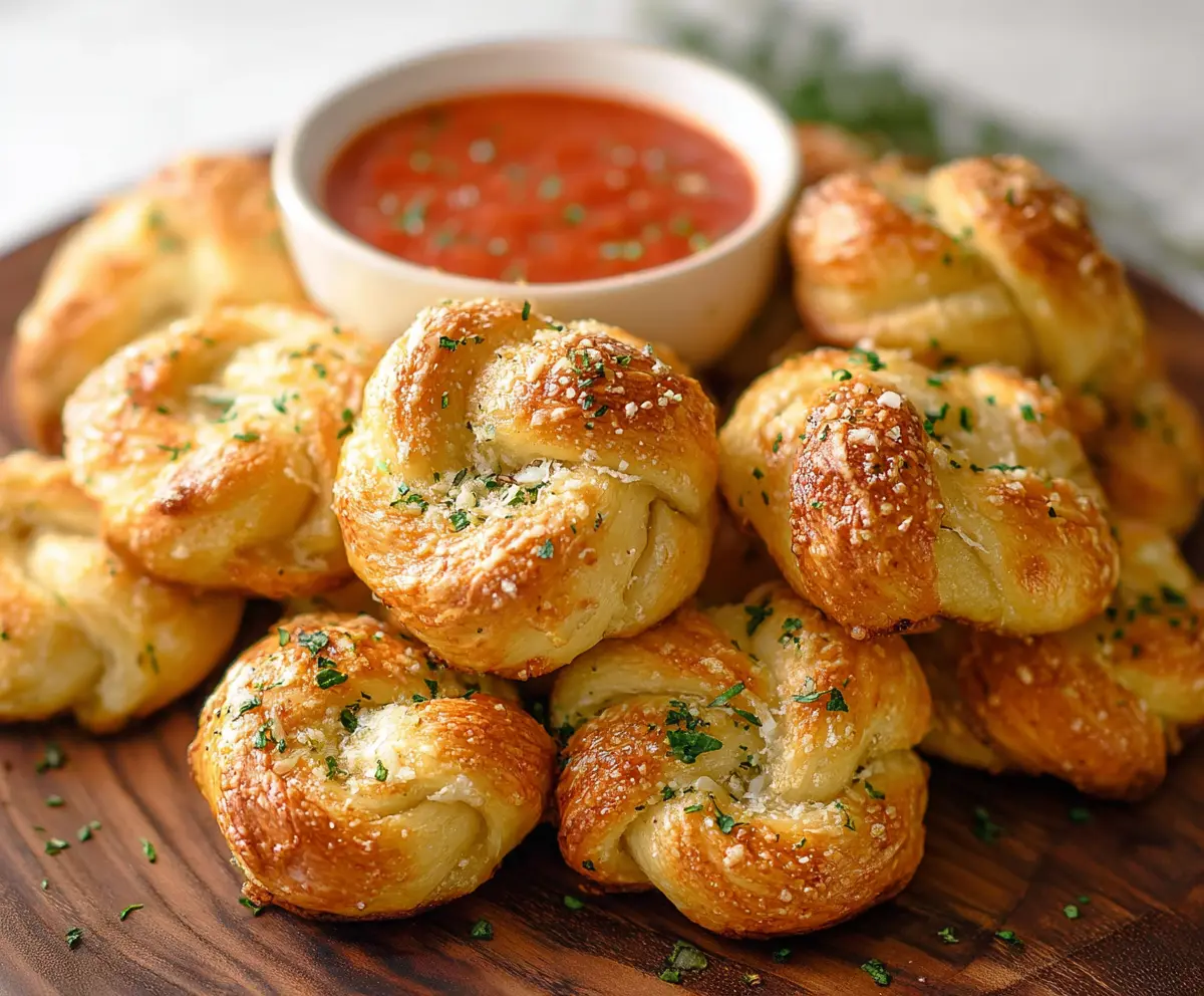 Delicious cottage cheese garlic knots fresh out of the oven, showcasing golden-brown crust and aromatic garlic toppings.