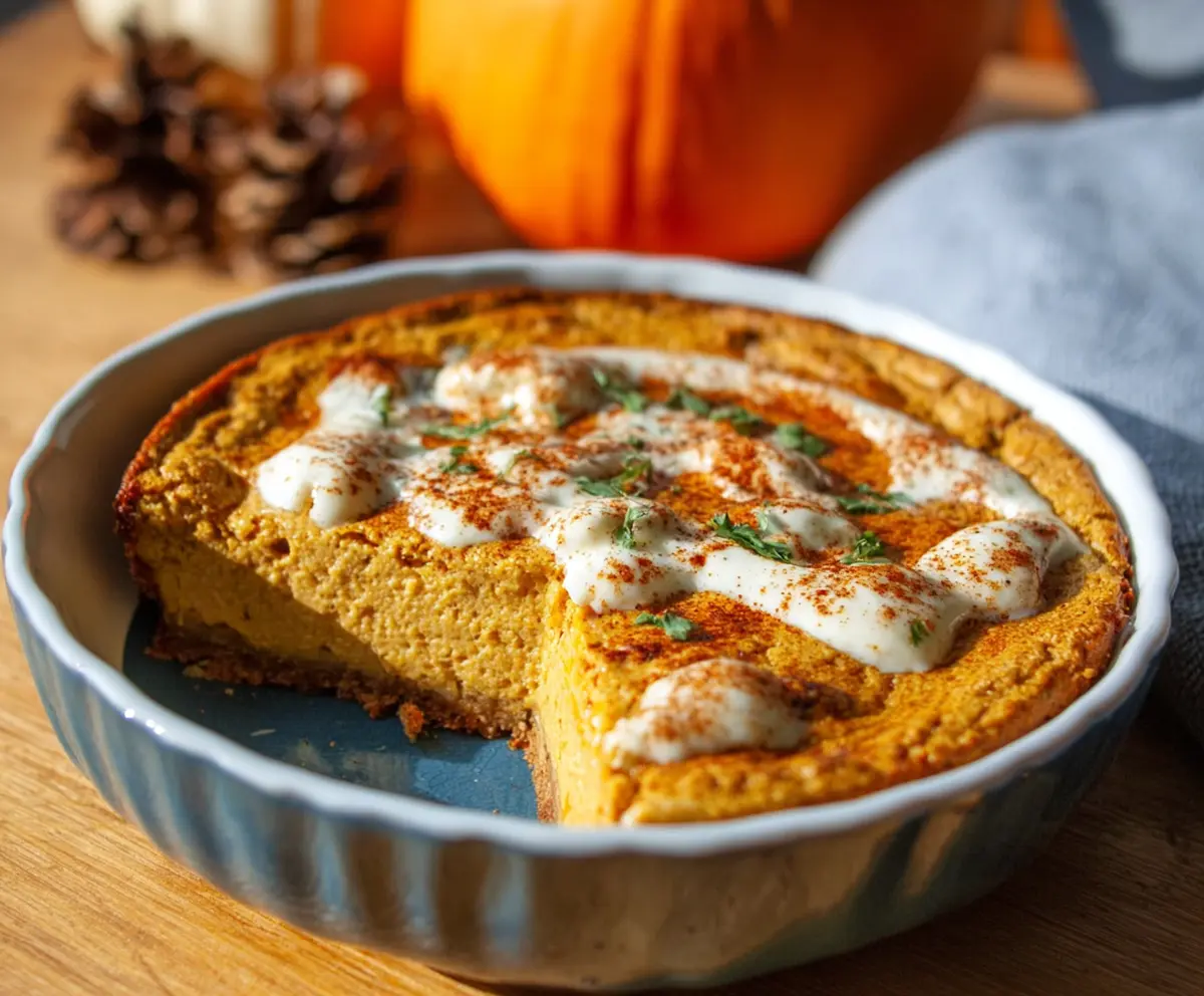 Delicious Cottage Cheese Pumpkin Bake in a baking dish, featuring a golden crust and creamy interior.