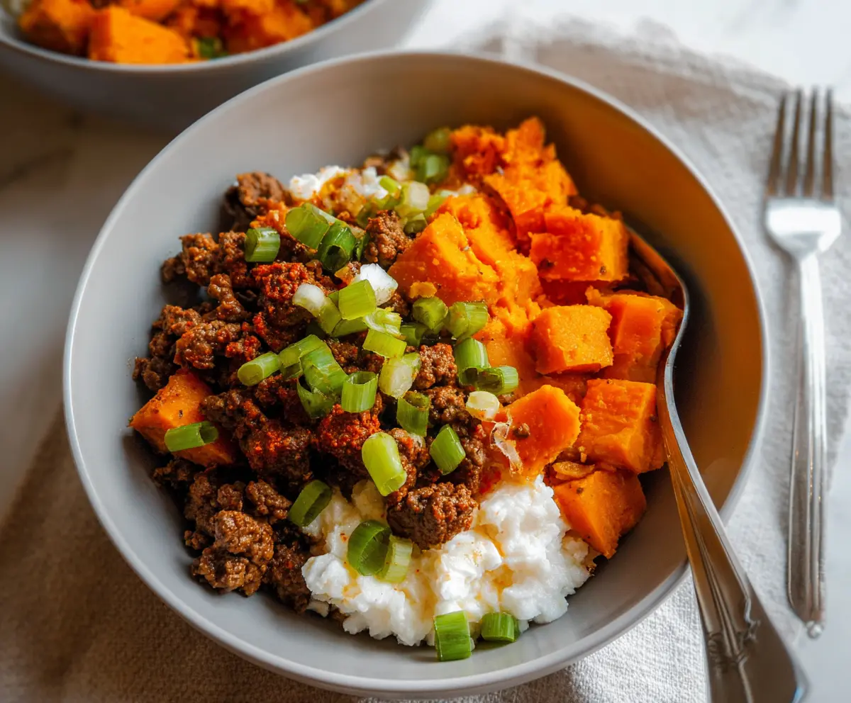Delicious Cottage Cheese Sweet Potato Beef dish served on a plate, highlighting healthy ingredients and vibrant colors.