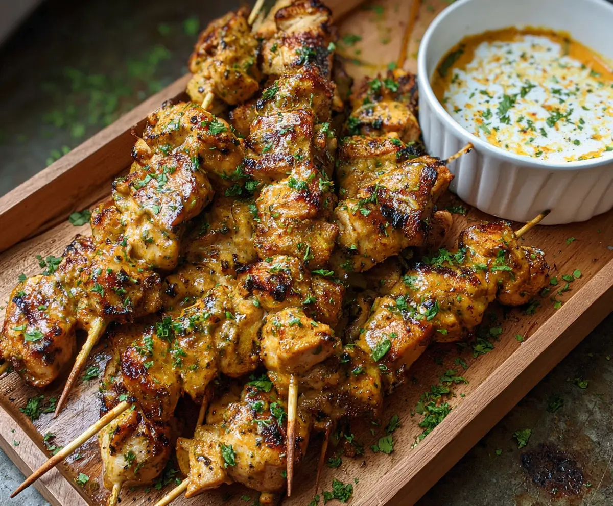 Juicy grilled chicken skewers topped with rich cowboy butter, served with fresh herbs.