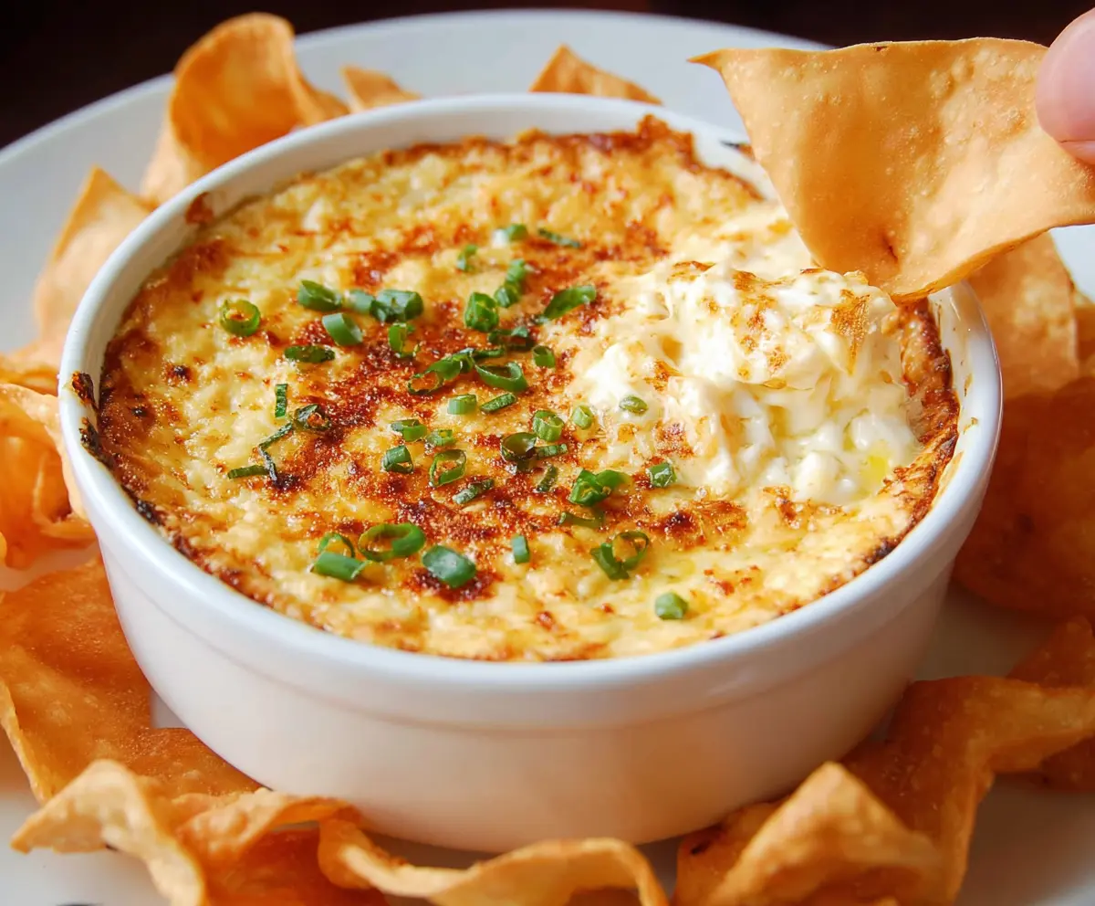 Delicious Crab Rangoon Dip served with crispy Wonton Chips for a savory appetizer.