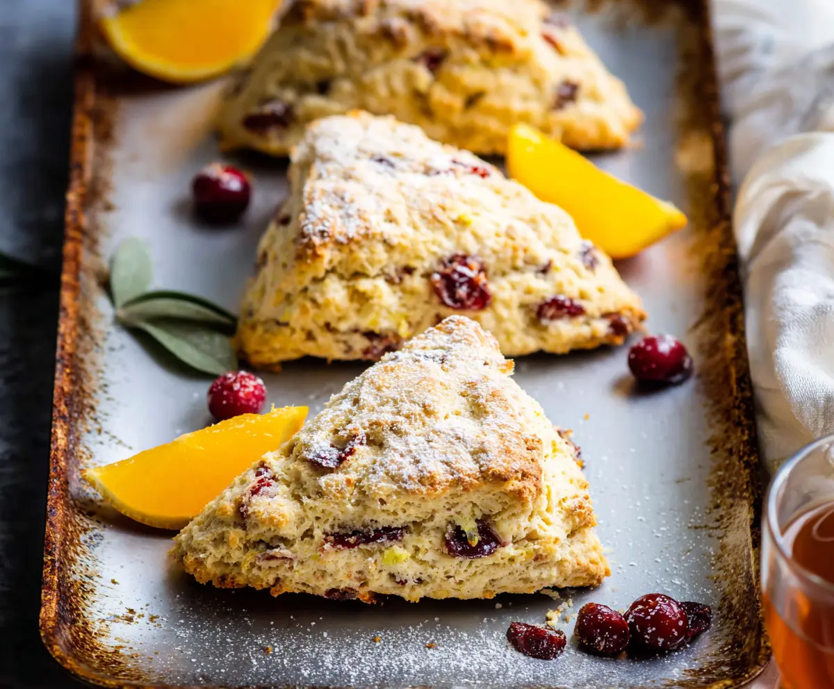 Delicious cranberry orange sourdough scones fresh out of the oven with vibrant cranberries and citrus zest.