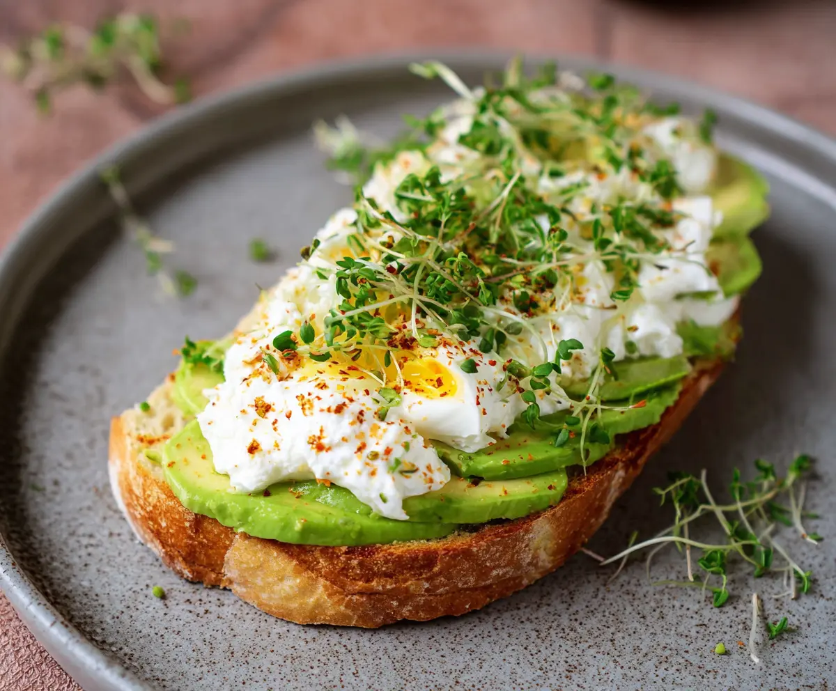 Delicious creamy cottage cheese and avocado toast garnished with herbs on a rustic plate.