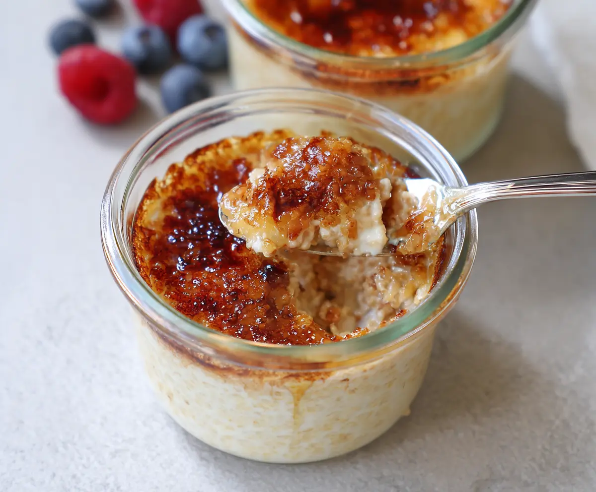 Creamy Crème Brûlée Overnight Oats topped with caramelized sugar and fresh berries