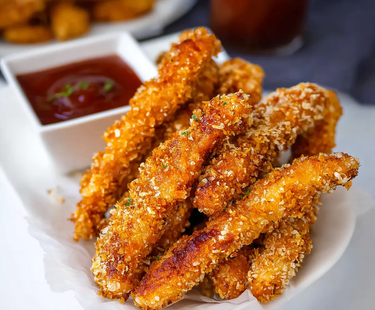 Golden crispy chicken fries served with a side of dipping sauce on a white plate.