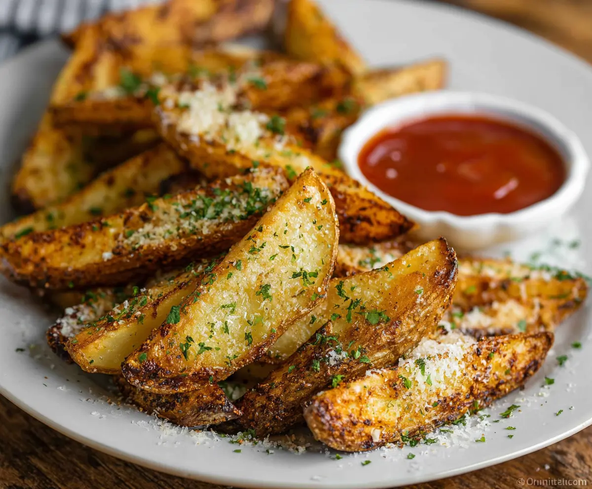 Golden crispy seasoned potato wedges on a plate, perfect for snacking or appetizer.
