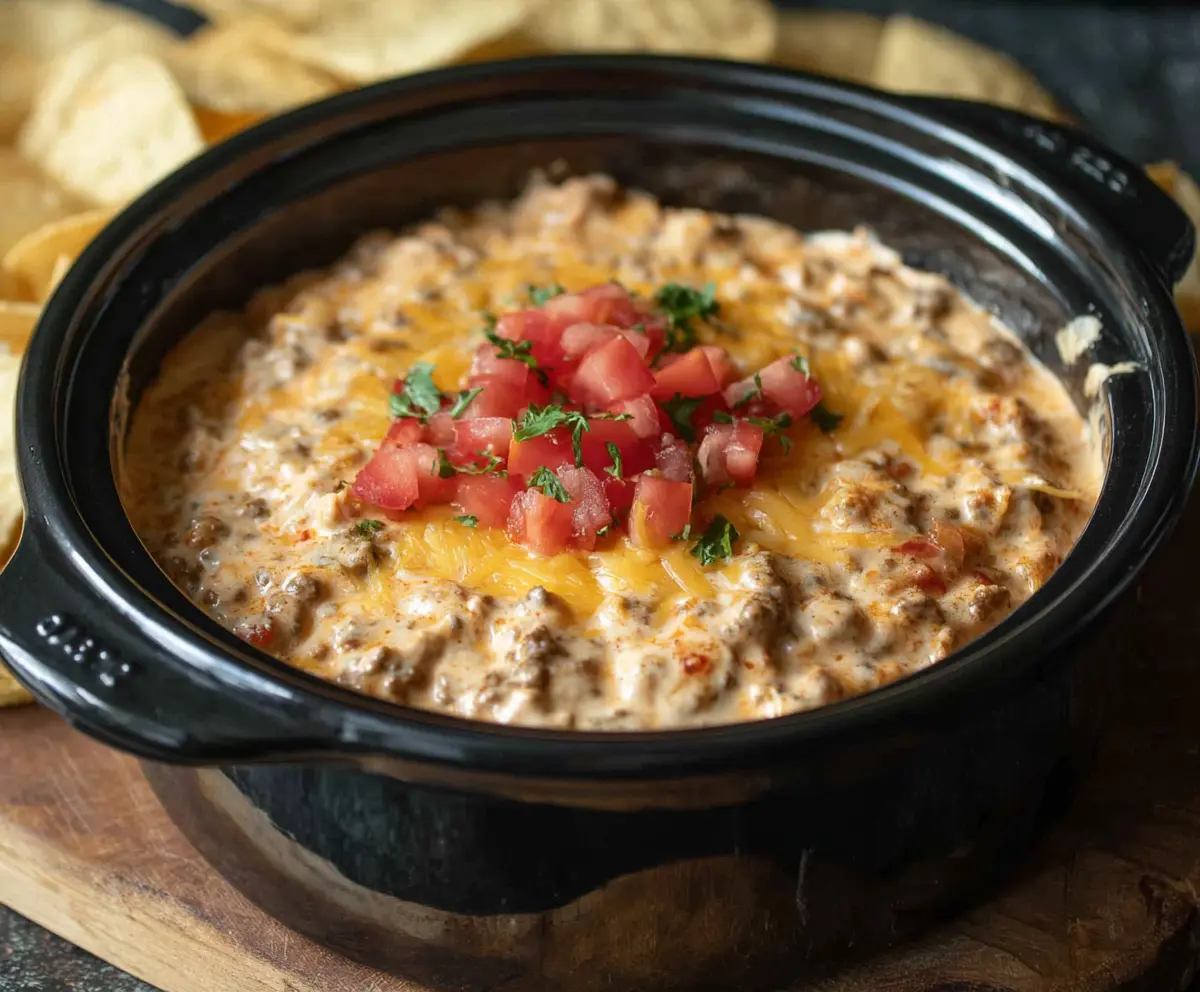Creamy Crock Pot Cheeseburger Dip with melted cheese and savory beef in a slow cooker.
