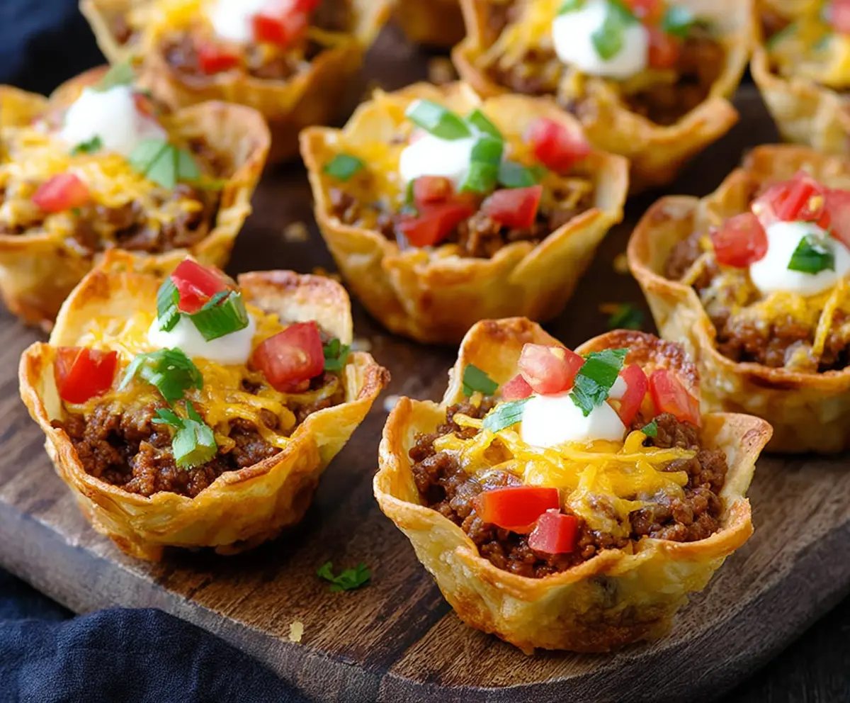 Bowl of crunchy nacho cups filled with melted cheese and jalapenos, perfect for snacking.