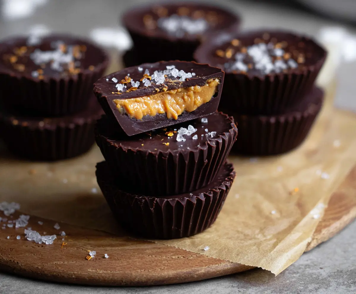 Homemade dark chocolate peanut butter cups on a plate, melty and delicious, perfect for a sweet treat.