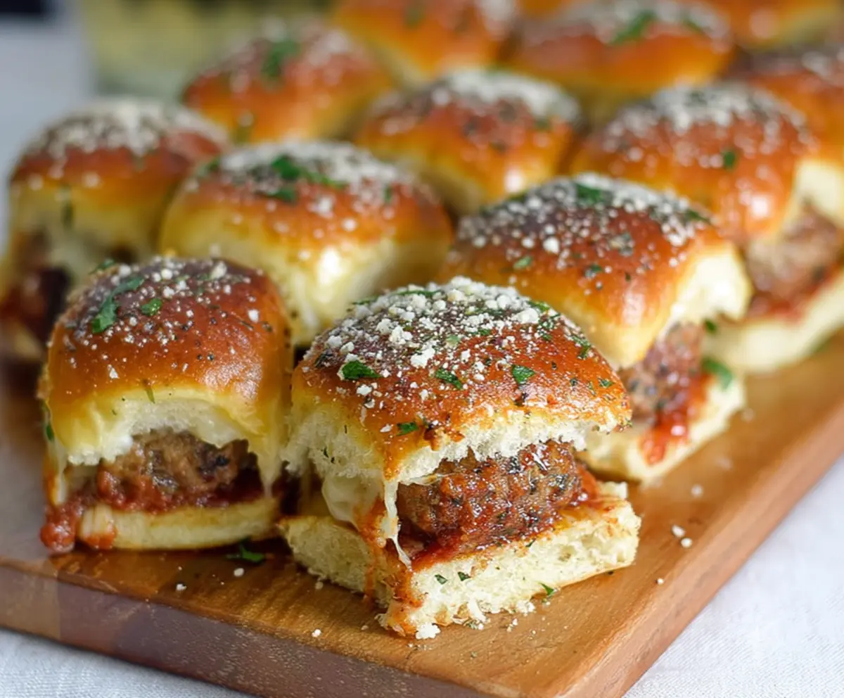 Delicious garlic Parmesan meatball sliders with melted cheese and fresh herbs on a rustic serving plate.