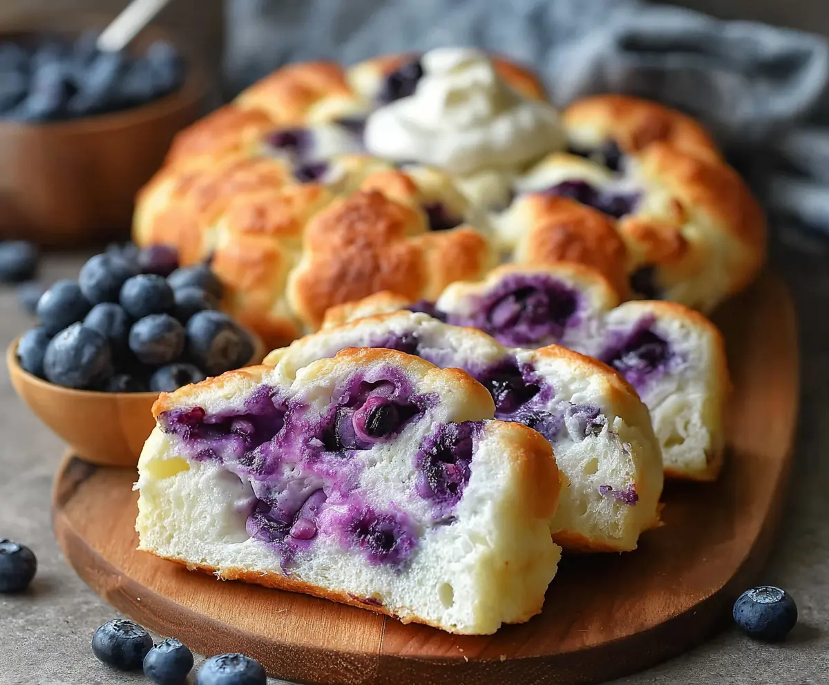Delicious fluffy cottage cheese blueberry cloud bread on a plate, garnished with fresh blueberries and mint.