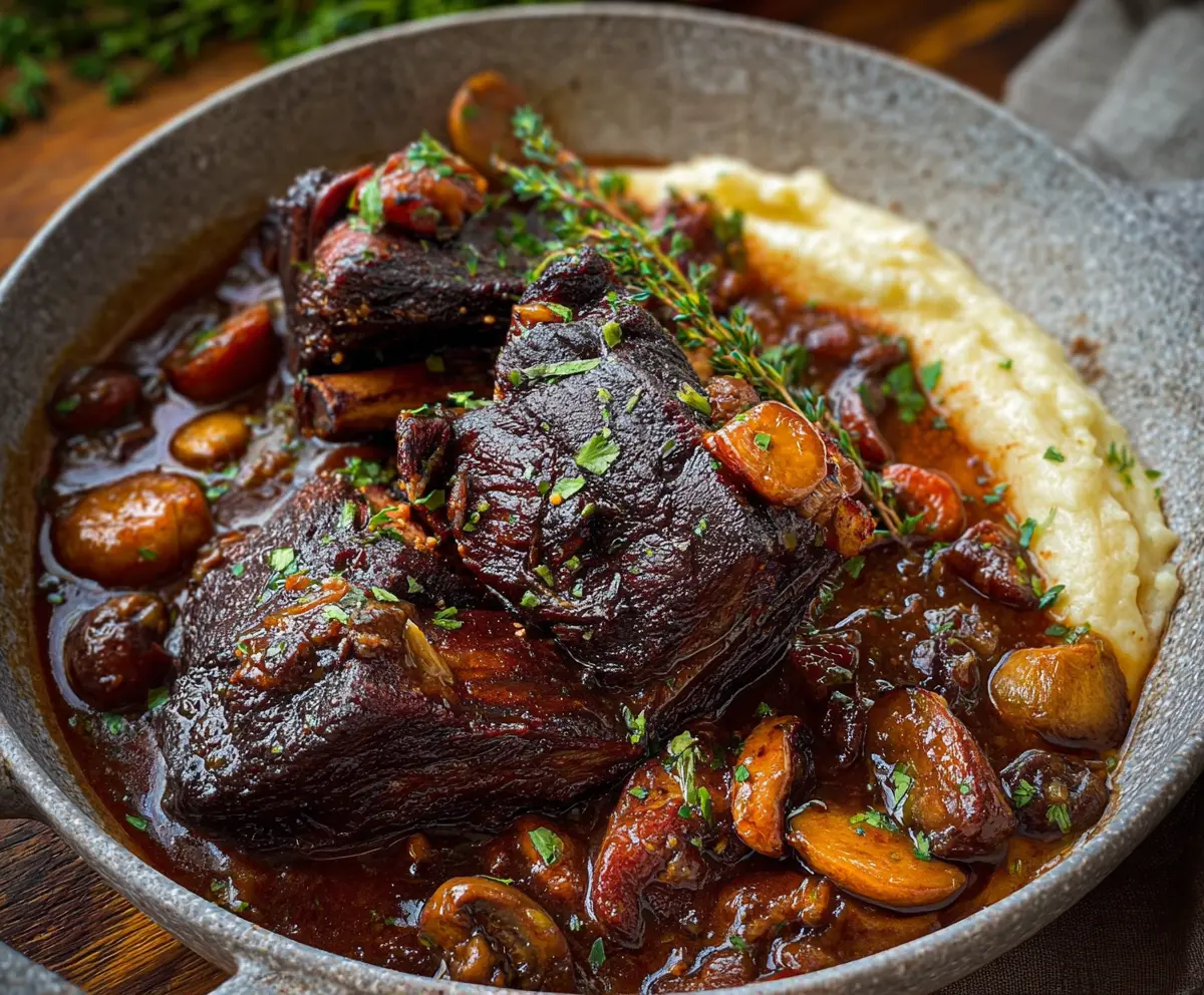 Delicious French-style braised short ribs served with herbs and vegetables in a rich gravy.