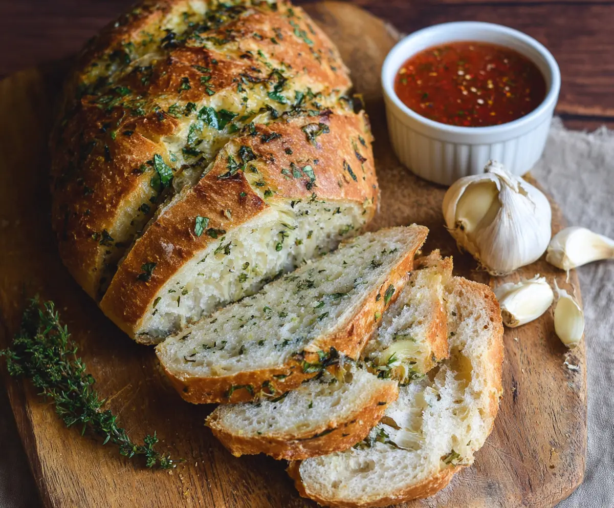 Freshly baked garlic and herb sourdough bread with a golden crust and aromatic herbs.