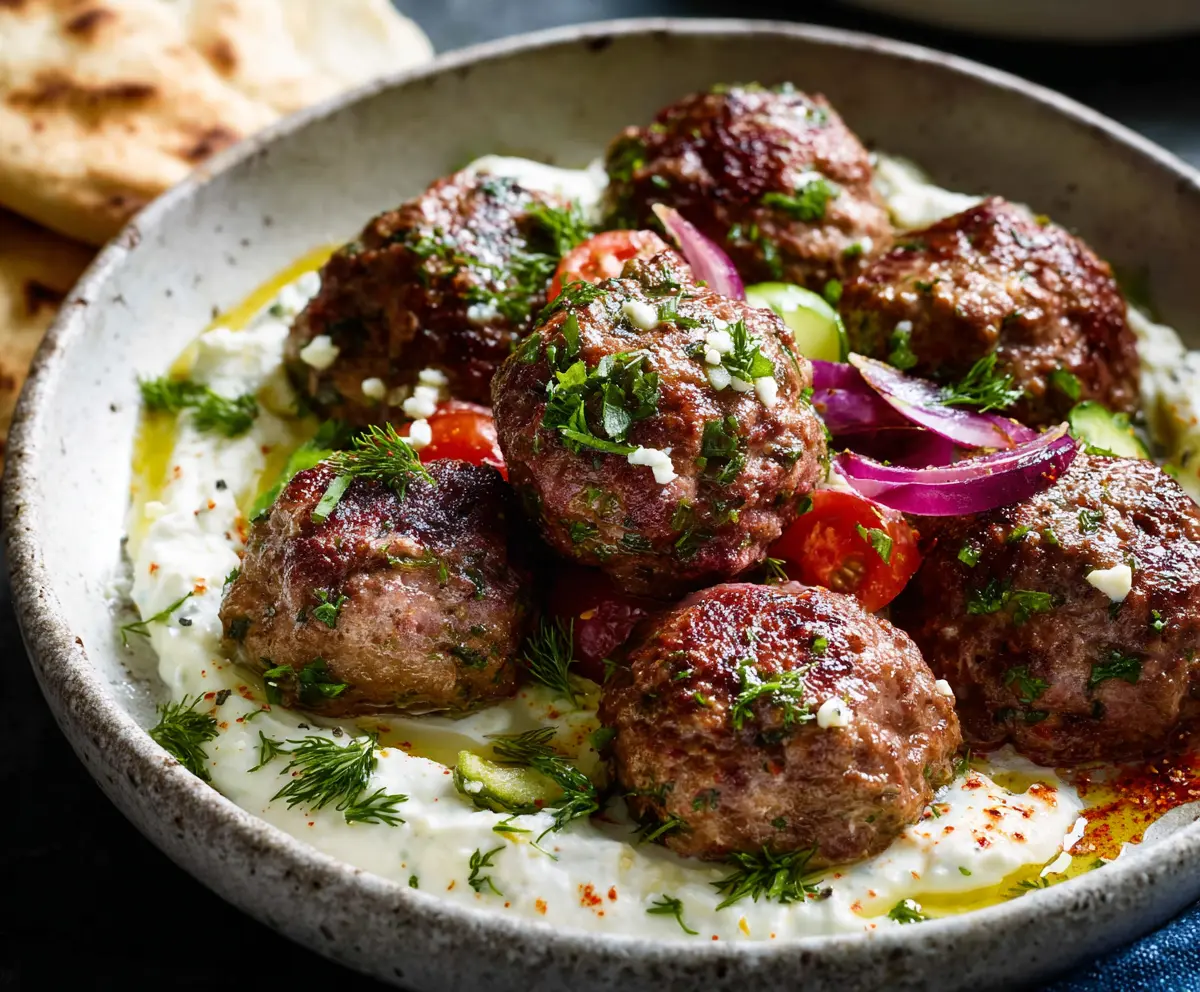Delicious homemade Greek meatballs served with fresh herbs and lemon for a flavorful Mediterranean dish.