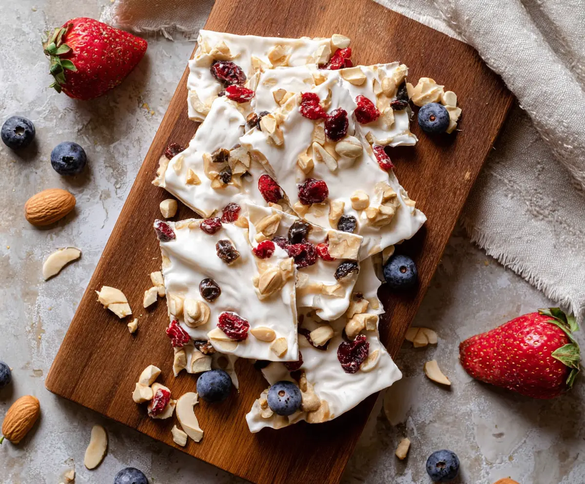 Healthy Greek Yogurt Protein Bark topped with nuts and berries for a nutritious snack.