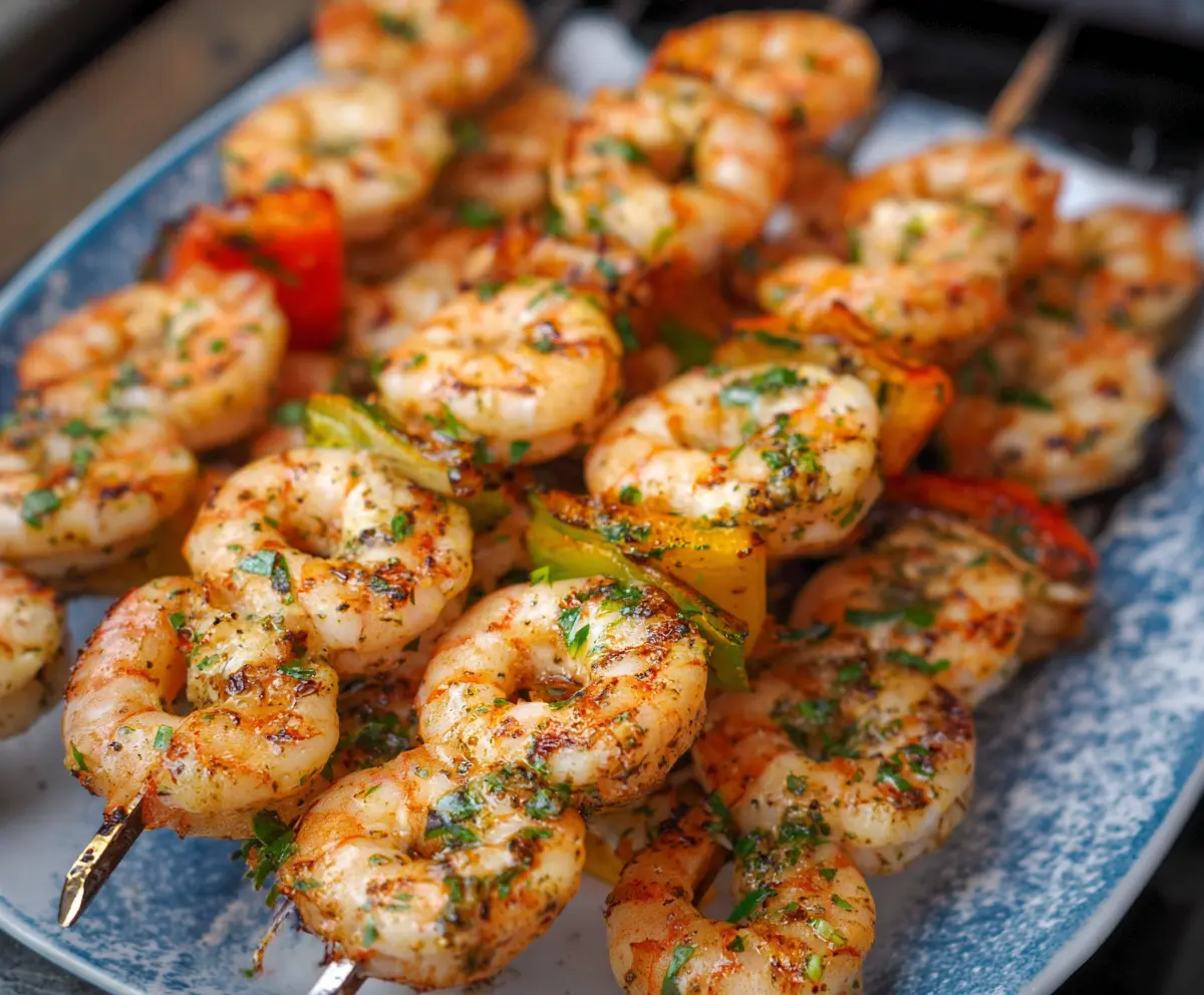 Delicious grilled shrimp kebabs with colorful vegetables on skewers, perfect for summer barbecues.