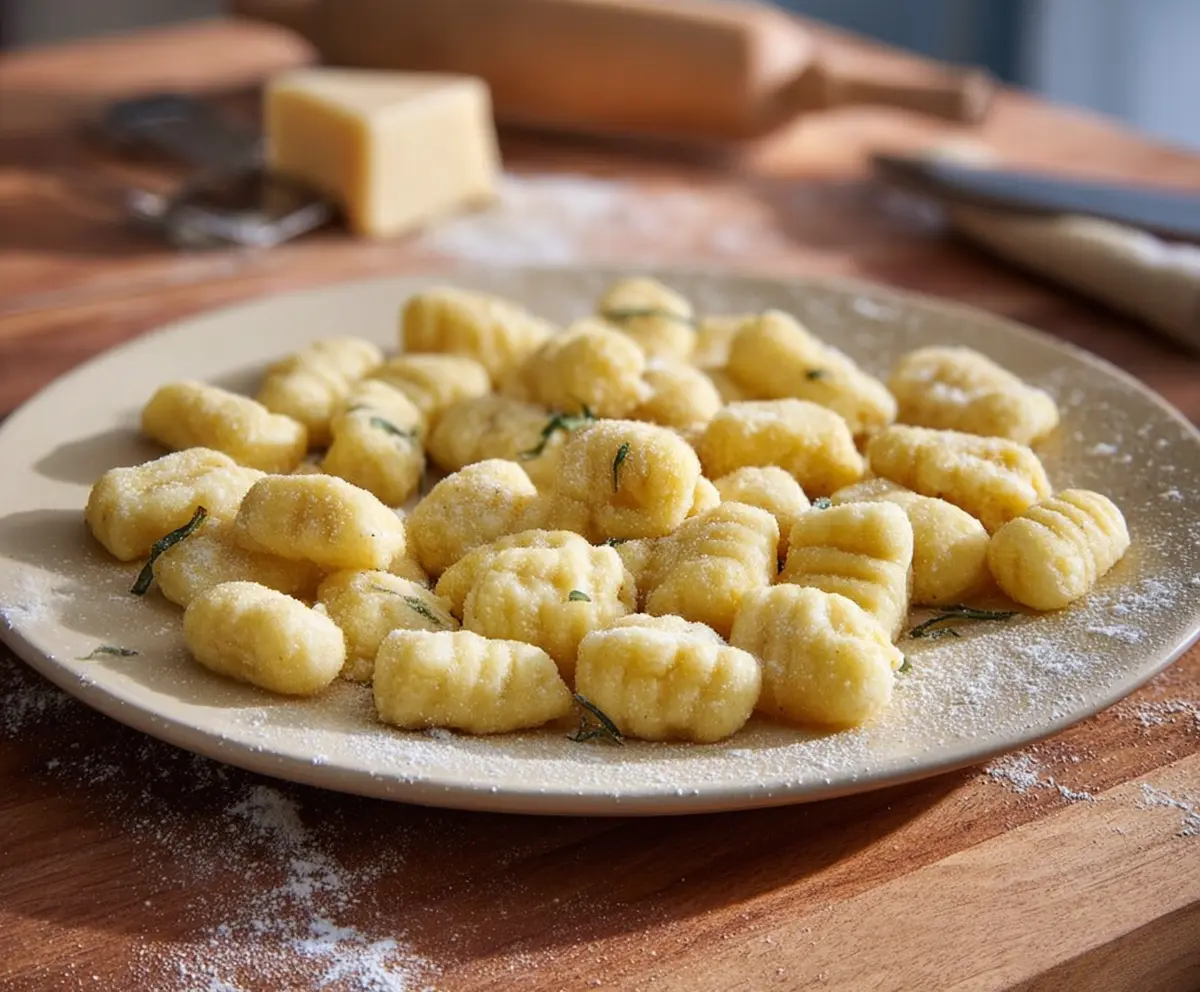 Delicious homemade potato gnocchi served on a rustic plate, showcasing golden, fluffy pasta with a light sauce.