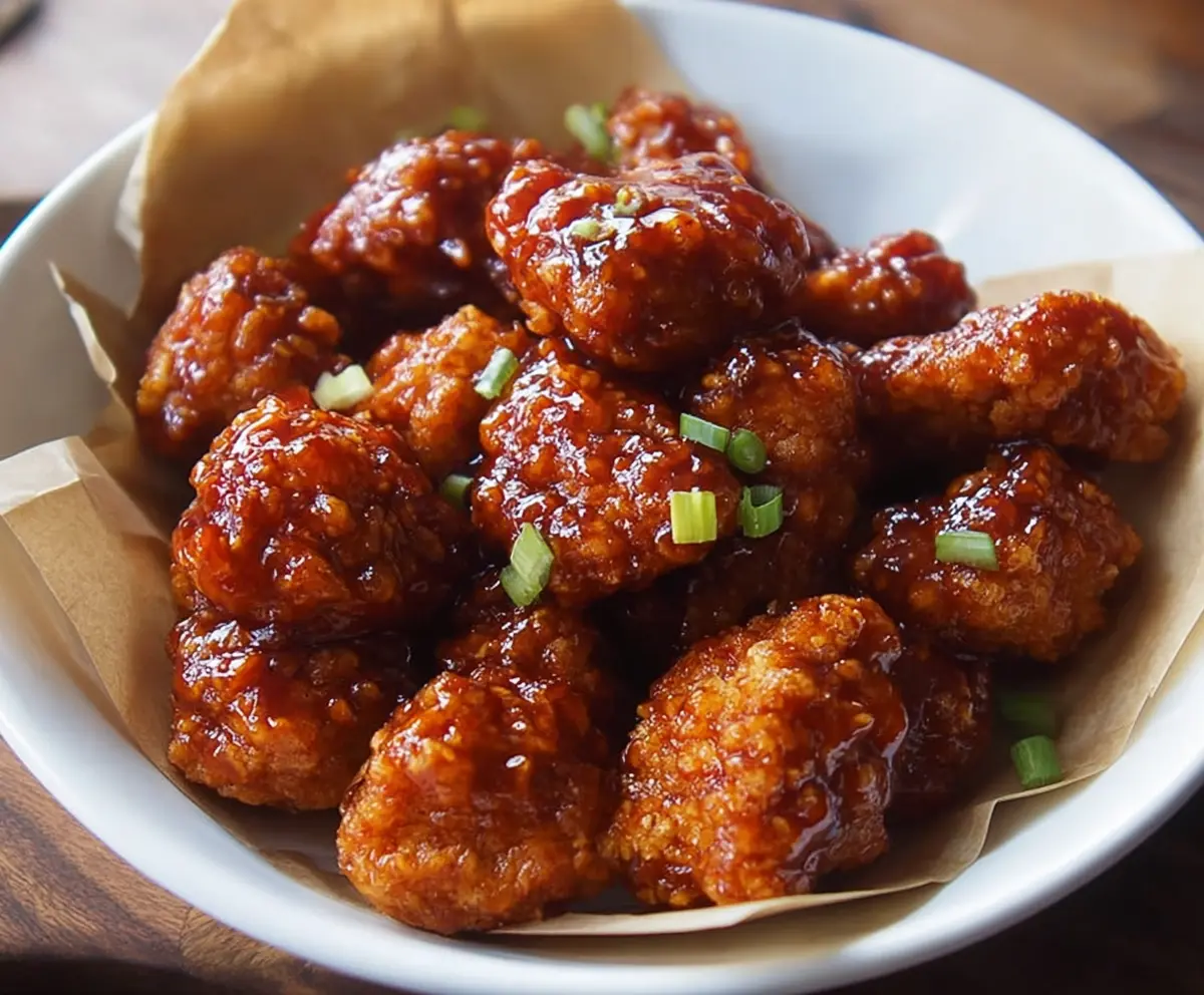 Delicious honey BBQ popcorn chicken served on a plate with a side of dipping sauce