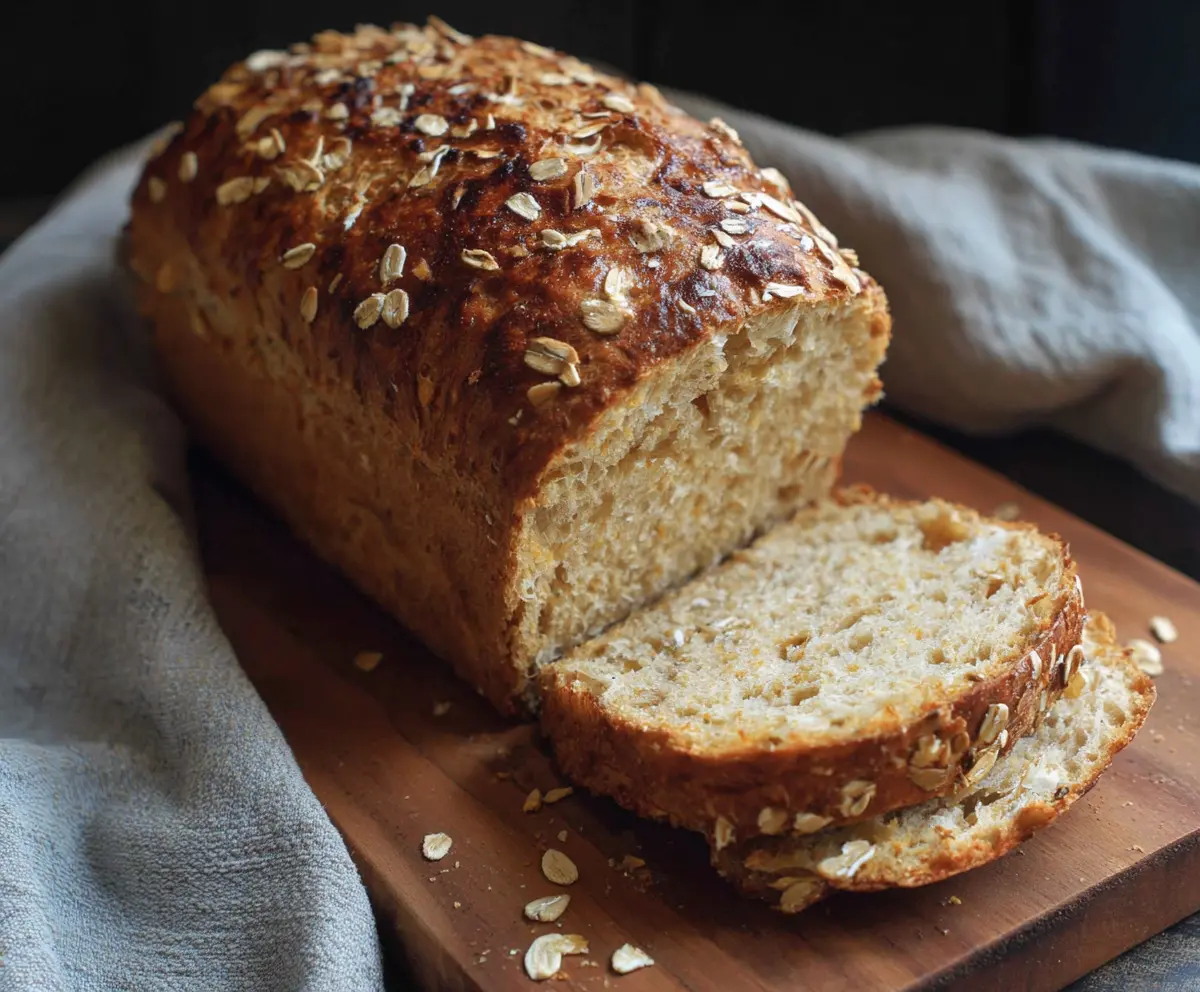Homemade honey oat sourdough sandwich bread sliced on a wooden cutting board, crispy crust and chewy interior.