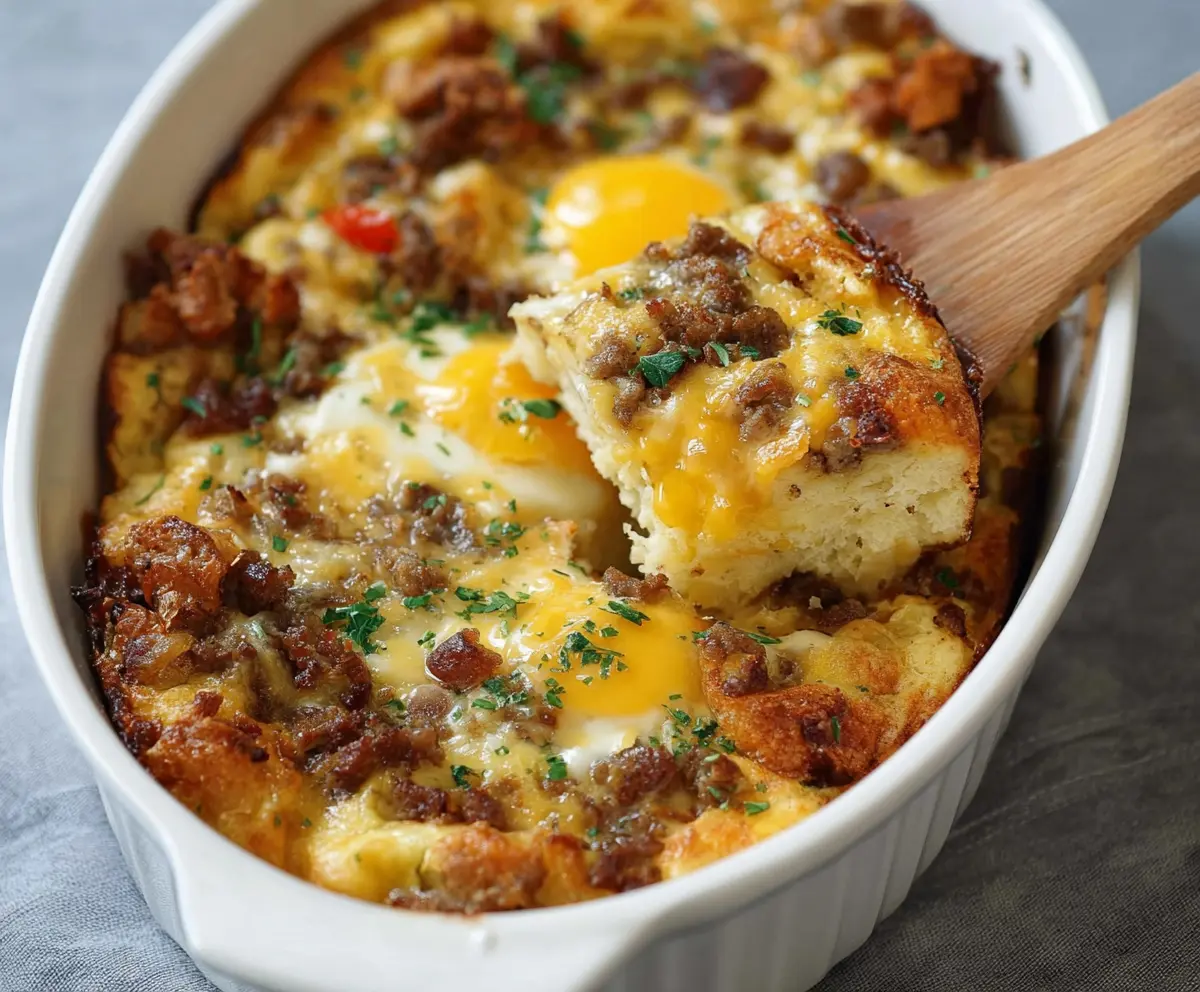 Delicious Ina Garten breakfast casserole with eggs, cheese, and fresh herbs in a baking dish.