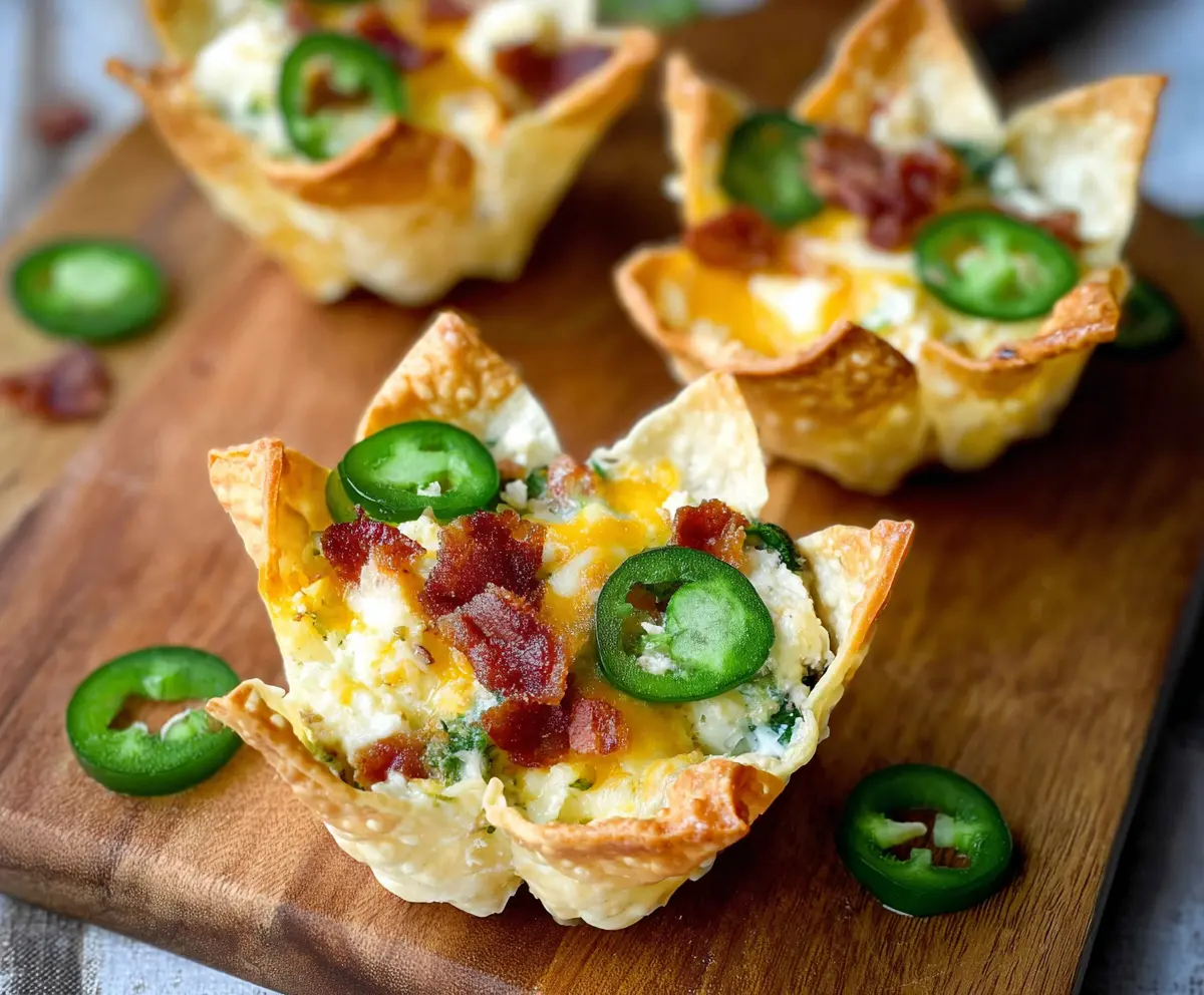 Delicious Jalapeno Popper Wonton Cups filled with creamy cheese and spicy jalapenos, garnished for appetizer perfection.