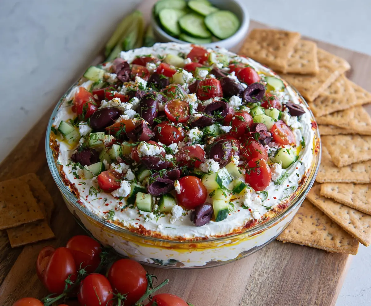 Delicious layered Greek dip with creamy layers of yogurt, vegetables, and herbs served in a glass dish.