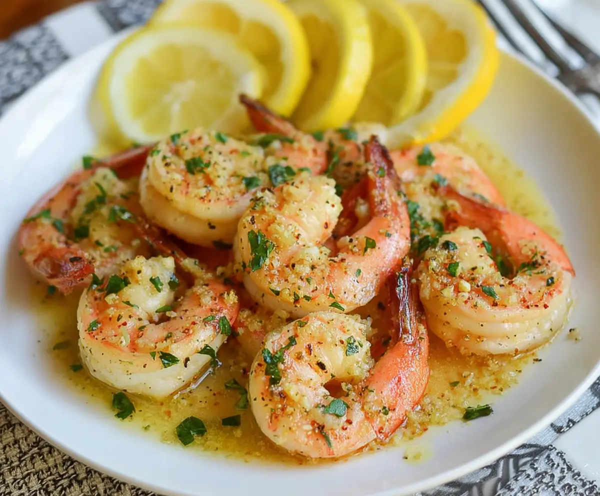 Delicious Lemon Butter Garlic Shrimp served on a platter with fresh lemon slices and herbs.