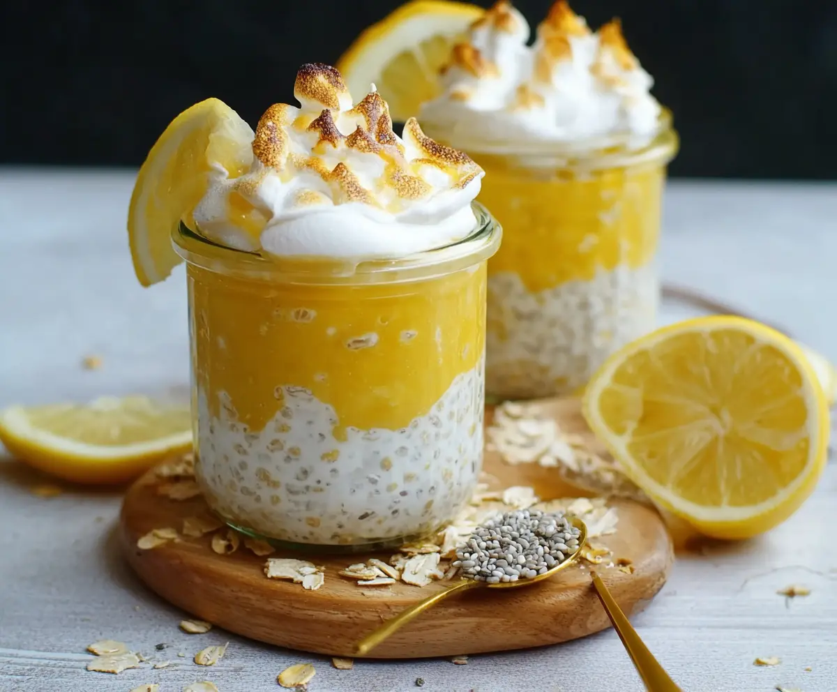 Creamy Lemon Meringue Pie Overnight Oats in a glass jar topped with fluffy meringue and lemon zest