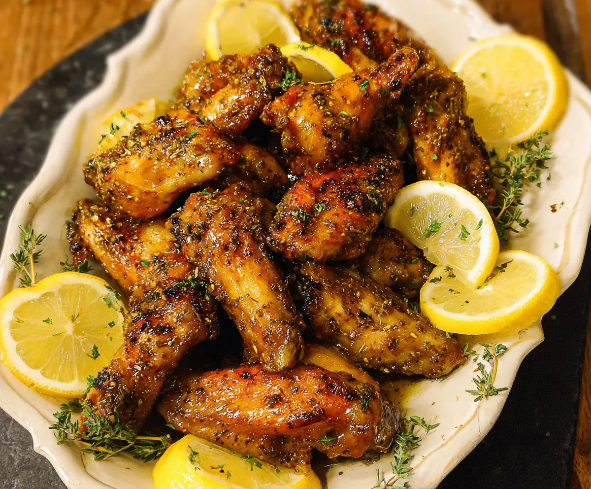 Juicy Lemon Pepper Wings garnished with fresh herbs on a white plate, perfect for appetizer or snack.