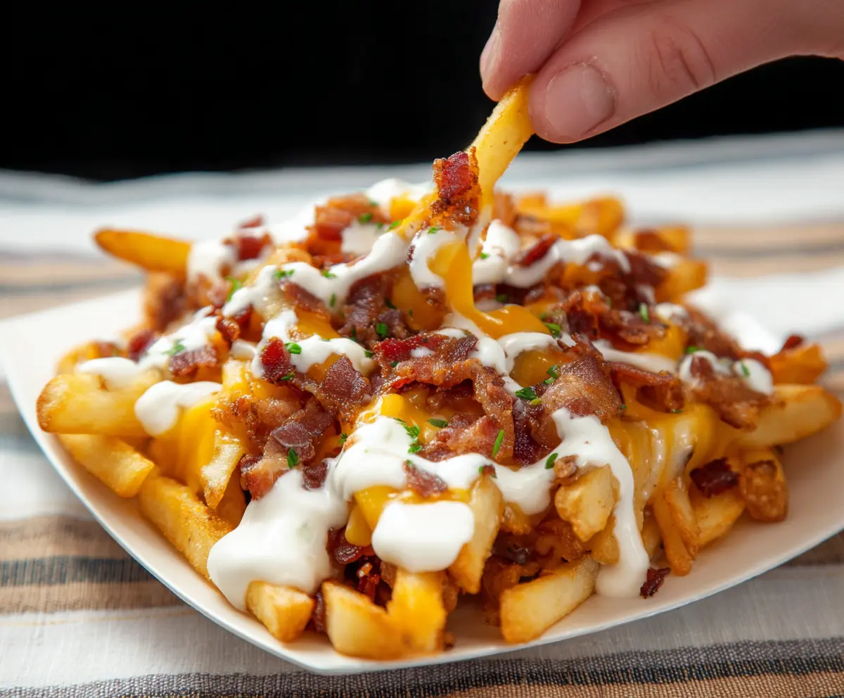 Crispy loaded bacon ranch French fries topped with melted cheese, bacon bits, and green onions.