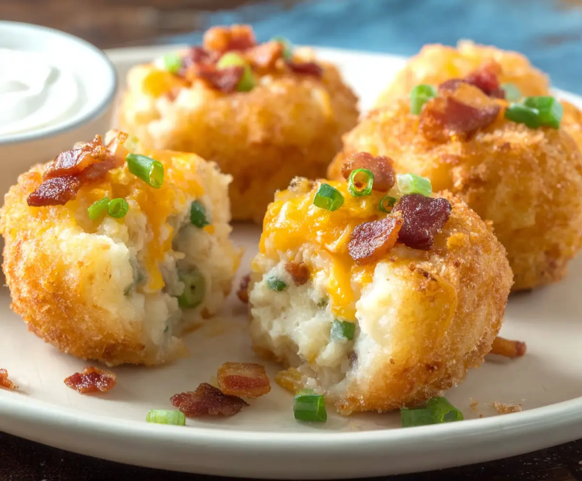 Close-up of loaded mashed potato bites topped with cheese and bacon on a white plate.