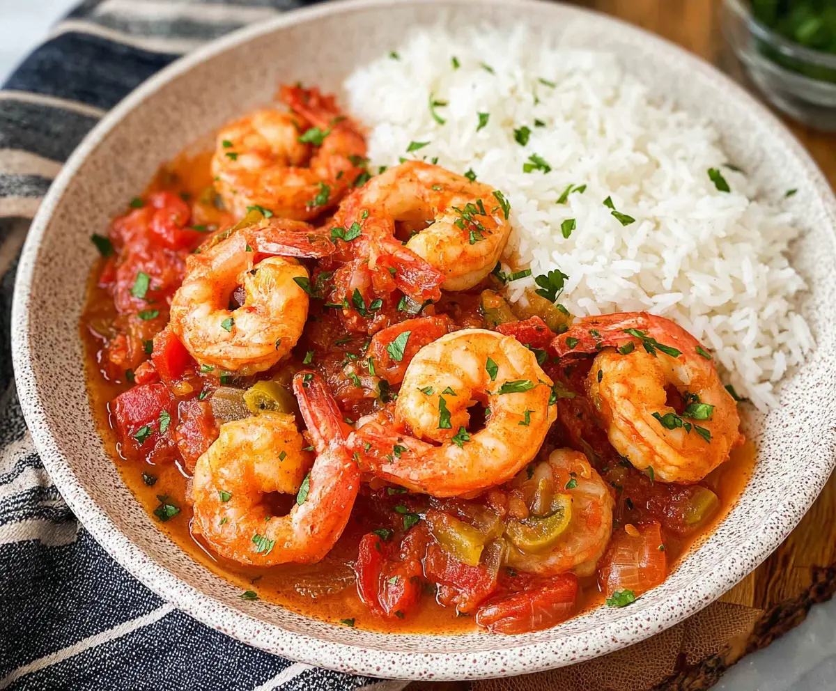 Delicious Louisiana Shrimp Creole served in a rustic bowl with fresh herbs and colorful vegetables.